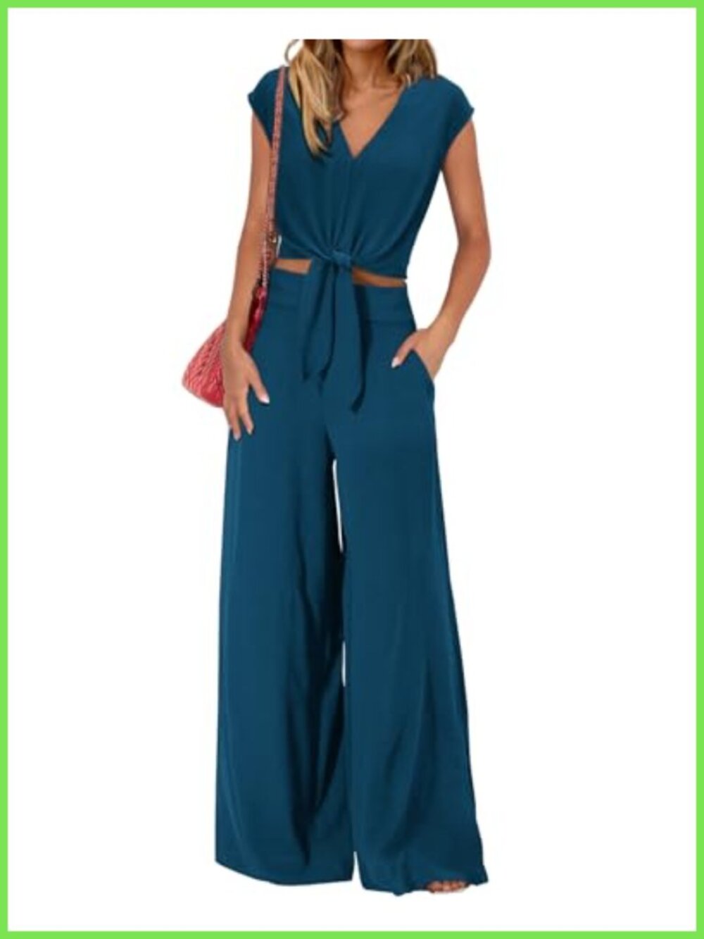 PRETTYGARDEN Womens 2 Piece Outfit V Neck Crop Top Wide Leg Pant Set